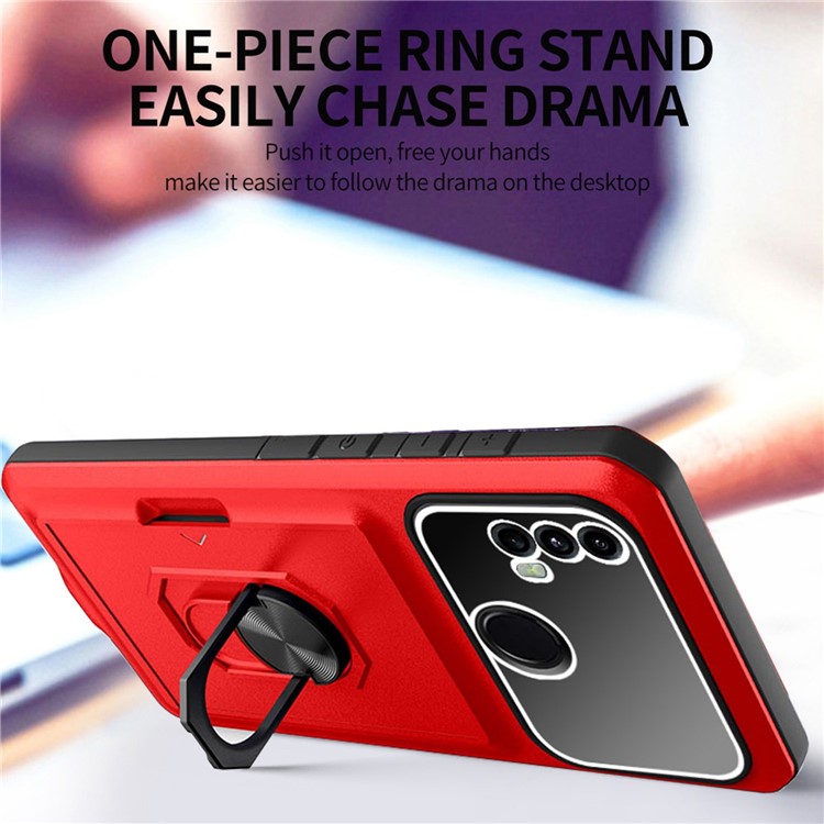 For Motorola Moto E40 / E20 Anti-fall Phone Case with Ring Kickstand Sliding Card Holder Micron Lens Film TPU + PC Anti-wear Back Cover - Red / Black-2