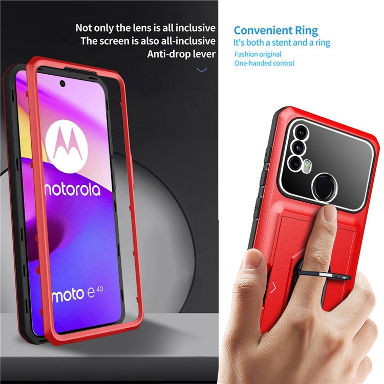 For Motorola Moto E40 / E20 Anti-fall Phone Case with Ring Kickstand Sliding Card Holder Micron Lens Film TPU + PC Anti-wear Back Cover - Red / Black-3
