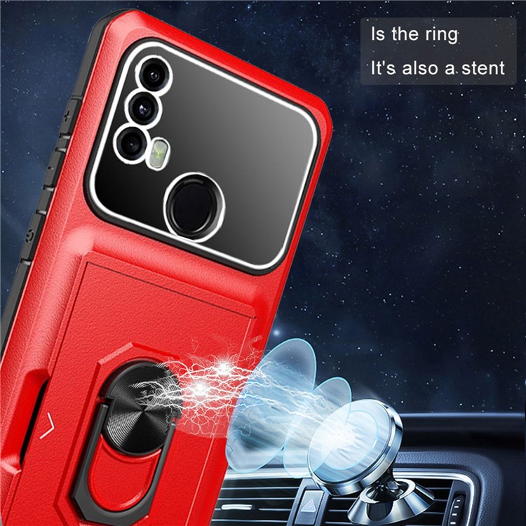 For Motorola Moto E40 / E20 Anti-fall Phone Case with Ring Kickstand Sliding Card Holder Micron Lens Film TPU + PC Anti-wear Back Cover - Red / Black-5