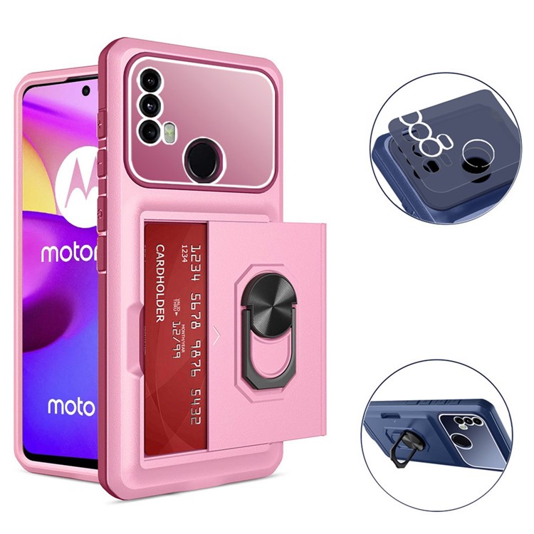 For Motorola Moto E40 / E20 Anti-fall Phone Case with Ring Kickstand Sliding Card Holder Micron Lens Film TPU + PC Anti-wear Back Cover - Red / Black-9