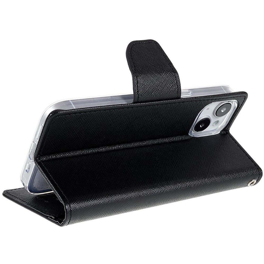 MERCURY GOOSPERY For iPhone 14 6.1 inch Splicing Color Anti-fall Wallet Stand Design Leather Shell Phone Case - All Black-9