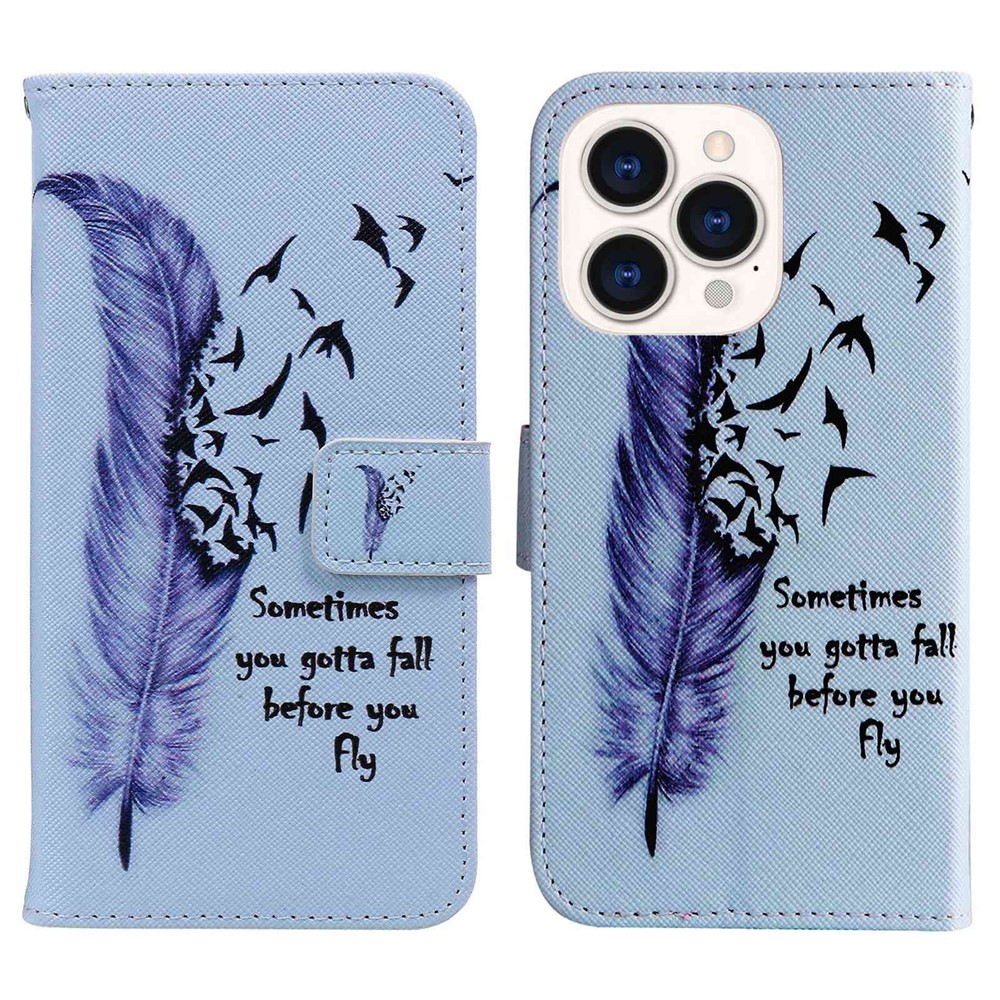 For iPhone 14 Pro Max 6.7 inch Pattern Printing Leather Series-2 Anti-scratch Phone Case Stand Magnetic Clasp Full Protection PU Leather Flip Wallet Cover - Feather-1