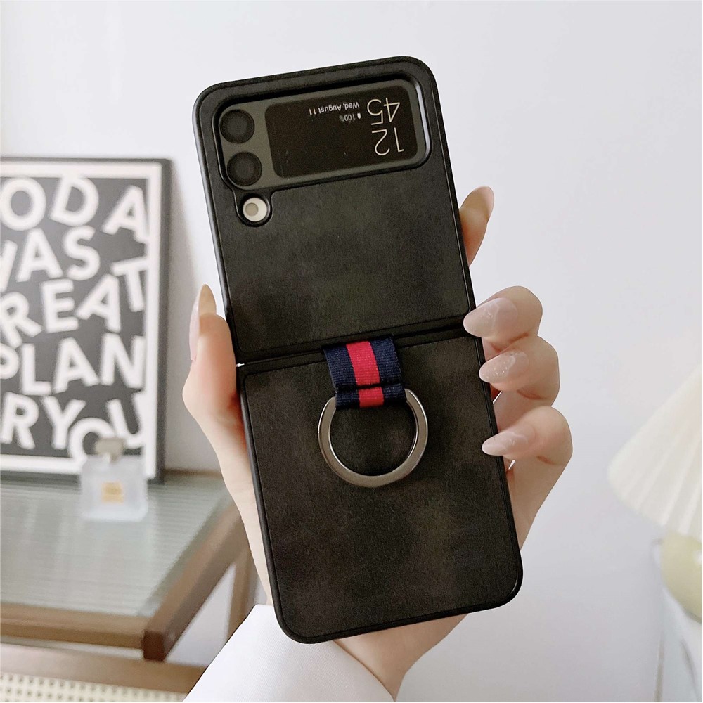 For Samsung Galaxy Z Flip4 5G Textured PU Leather Coated PC Back Cover Metal Ring Holder Folding Phone Case - Black-2
