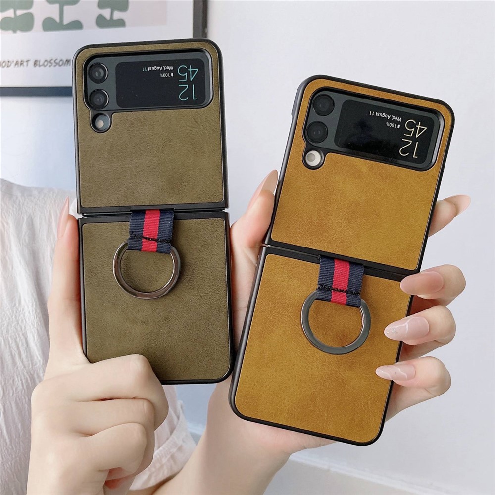 For Samsung Galaxy Z Flip4 5G Textured PU Leather Coated PC Back Cover Metal Ring Holder Folding Phone Case - Black-5