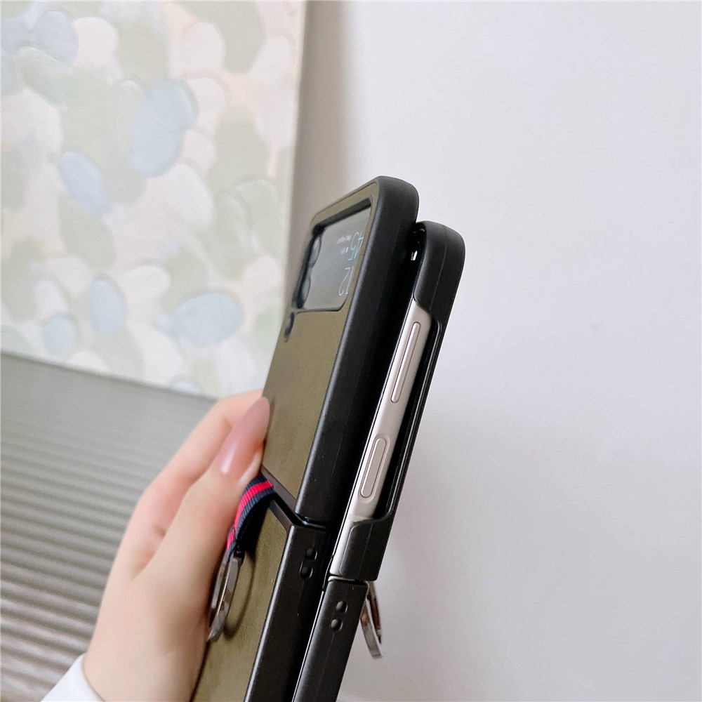 For Samsung Galaxy Z Flip4 5G Textured PU Leather Coated PC Back Cover Metal Ring Holder Folding Phone Case - Black-7