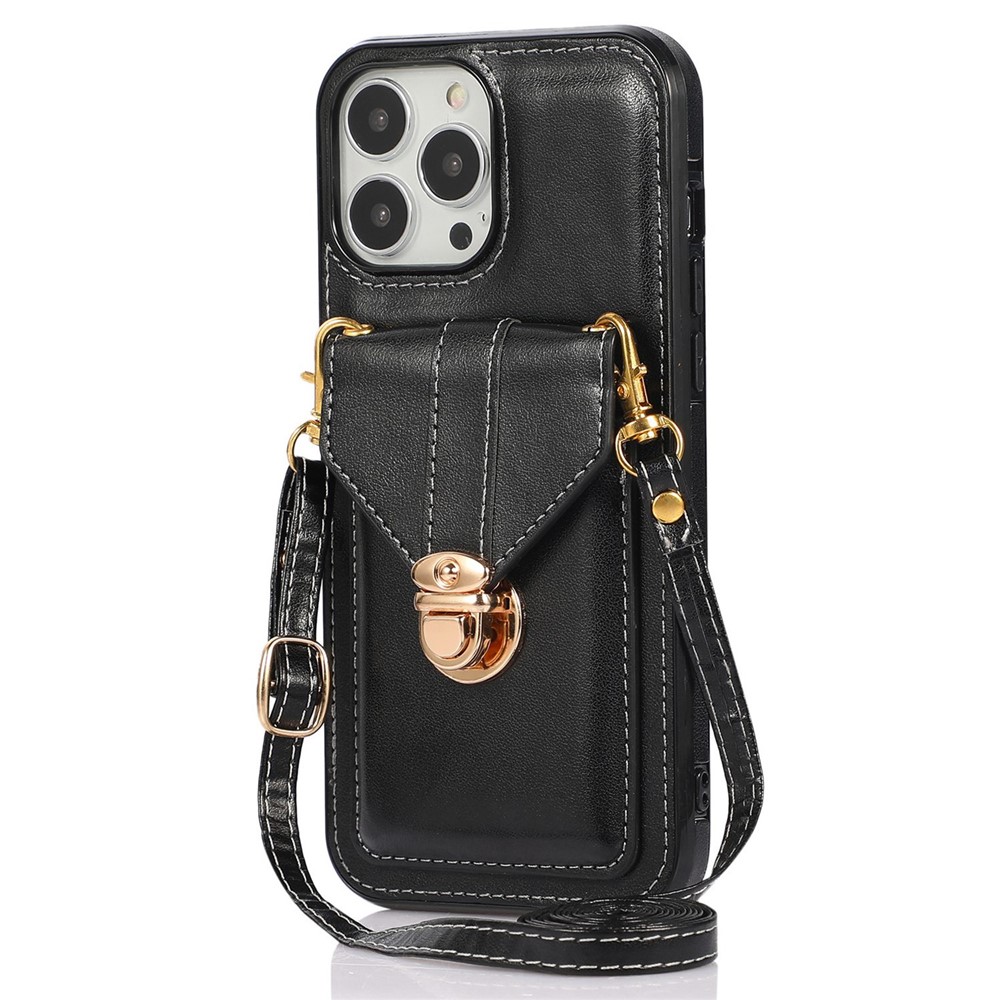 For iPhone 14 Pro Max 6.7 inch Anti-fall Anti-scratch Wallet Design Leather Coated TPU Phone Case Shell with Lanyard - Black-1