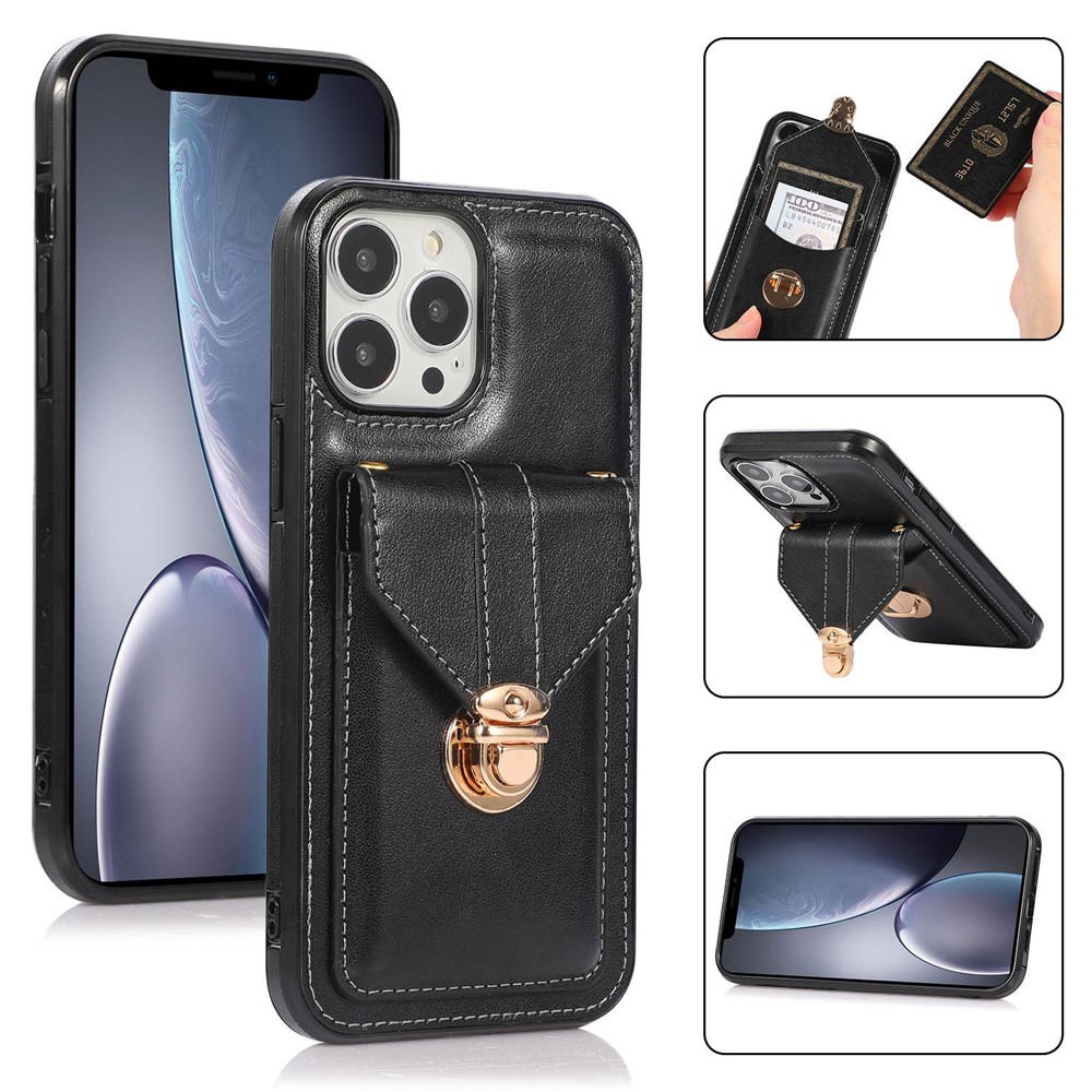 For iPhone 14 Pro Max 6.7 inch Anti-fall Anti-scratch Wallet Design Leather Coated TPU Phone Case Shell with Lanyard - Black-2
