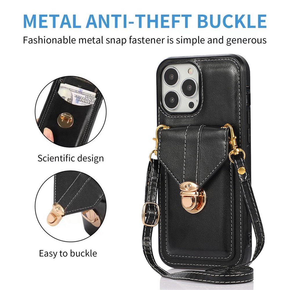 For iPhone 14 Pro Max 6.7 inch Anti-fall Anti-scratch Wallet Design Leather Coated TPU Phone Case Shell with Lanyard - Black-3