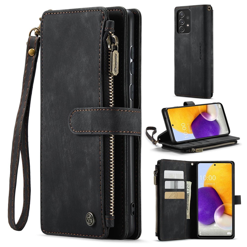 For Samsung Galaxy A72 4G / 5G Phone Cases with Strap CASEME C30 Zipper Multiple Card Holder PU Leather Cover - Black