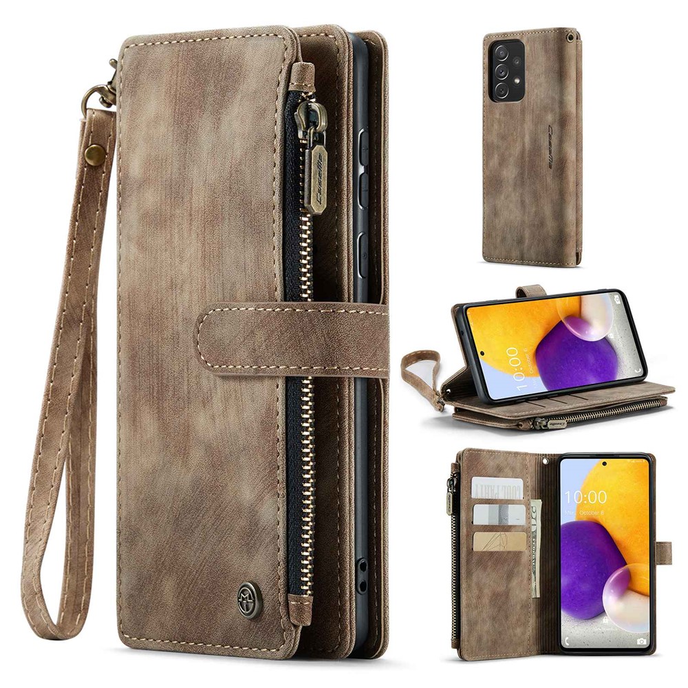 For Samsung Galaxy A72 4G / 5G Phone Cases with Strap CASEME C30 Zipper Multiple Card Holder PU Leather Cover - Brown