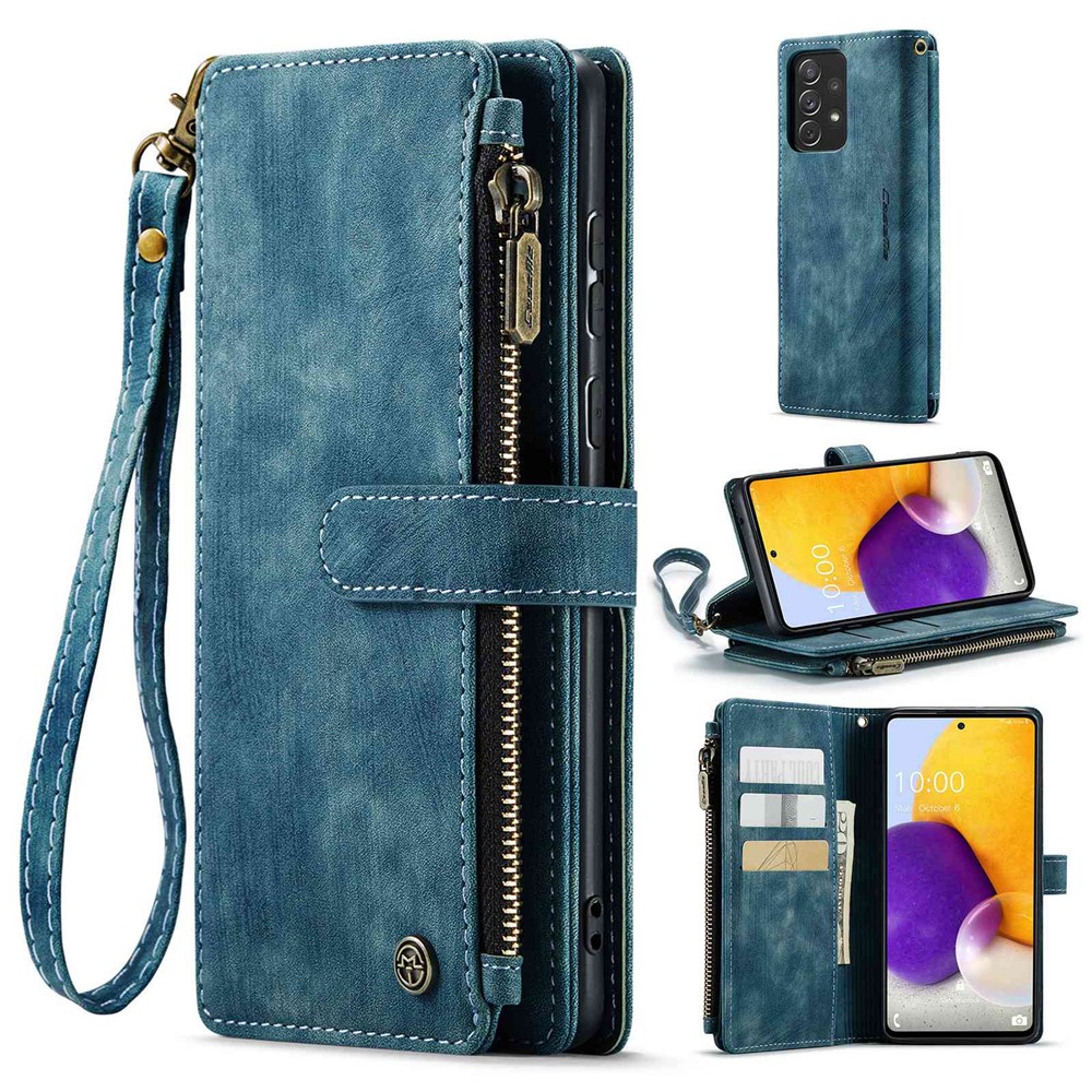 For Samsung Galaxy A72 4G / 5G Phone Cases with Strap CASEME C30 Zipper Multiple Card Holder PU Leather Cover - Blue