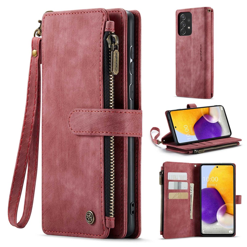 For Samsung Galaxy A72 4G / 5G Phone Cases with Strap CASEME C30 Zipper Multiple Card Holder PU Leather Cover - Red
