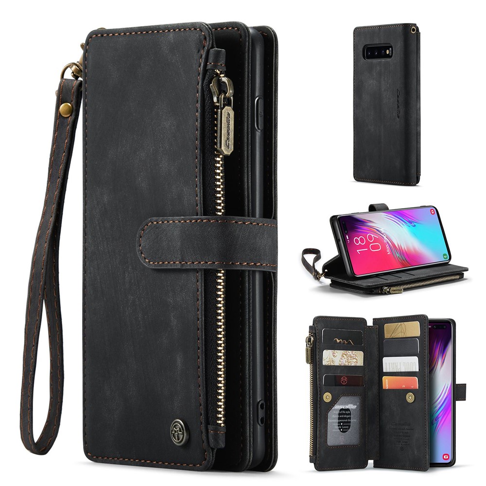 For Samsung Galaxy S10 Plus 4G Phone Cases with Strap CASEME C30 Zipper Multiple Card Holder PU Leather Cover - Black