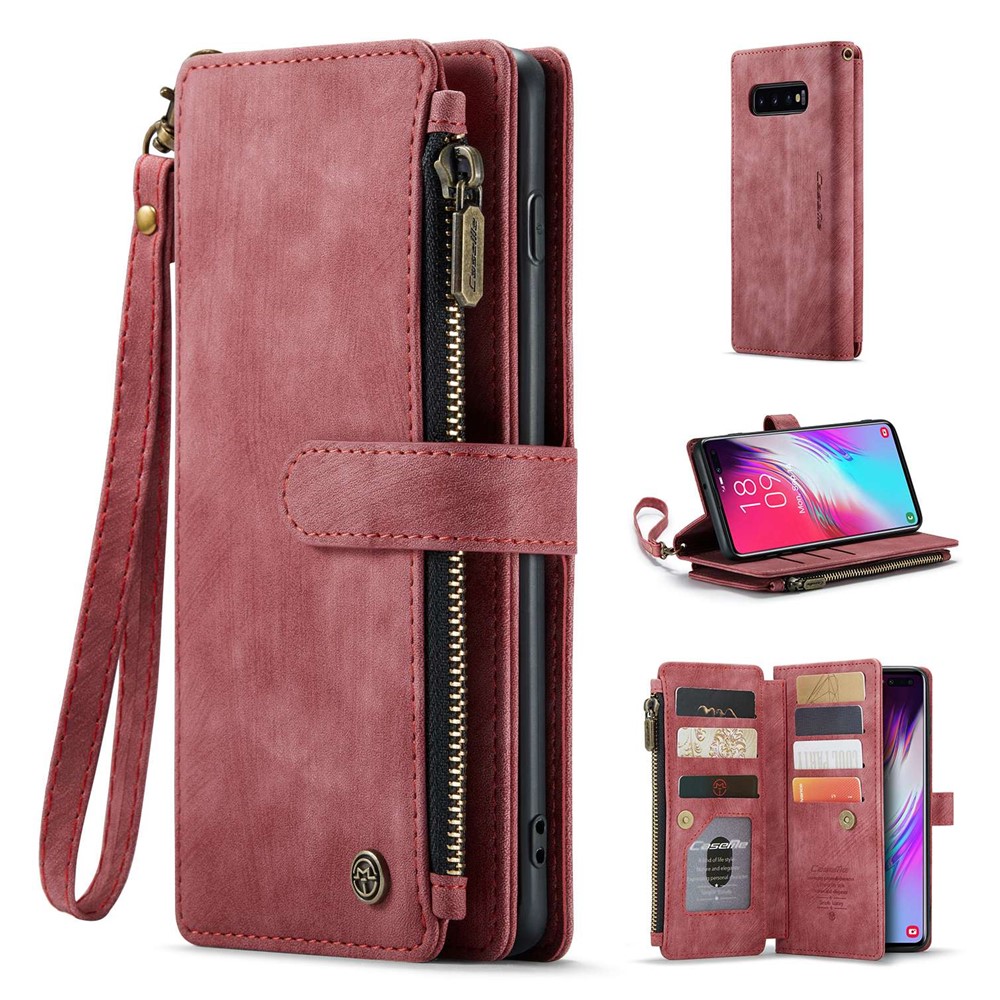 For Samsung Galaxy S10 Plus 4G Phone Cases with Strap CASEME C30 Zipper Multiple Card Holder PU Leather Cover - Red