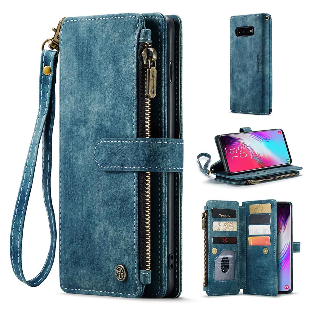 For Samsung Galaxy S10 Plus 4G Phone Cases with Strap CASEME C30 Zipper Multiple Card Holder PU Leather Cover - Blue