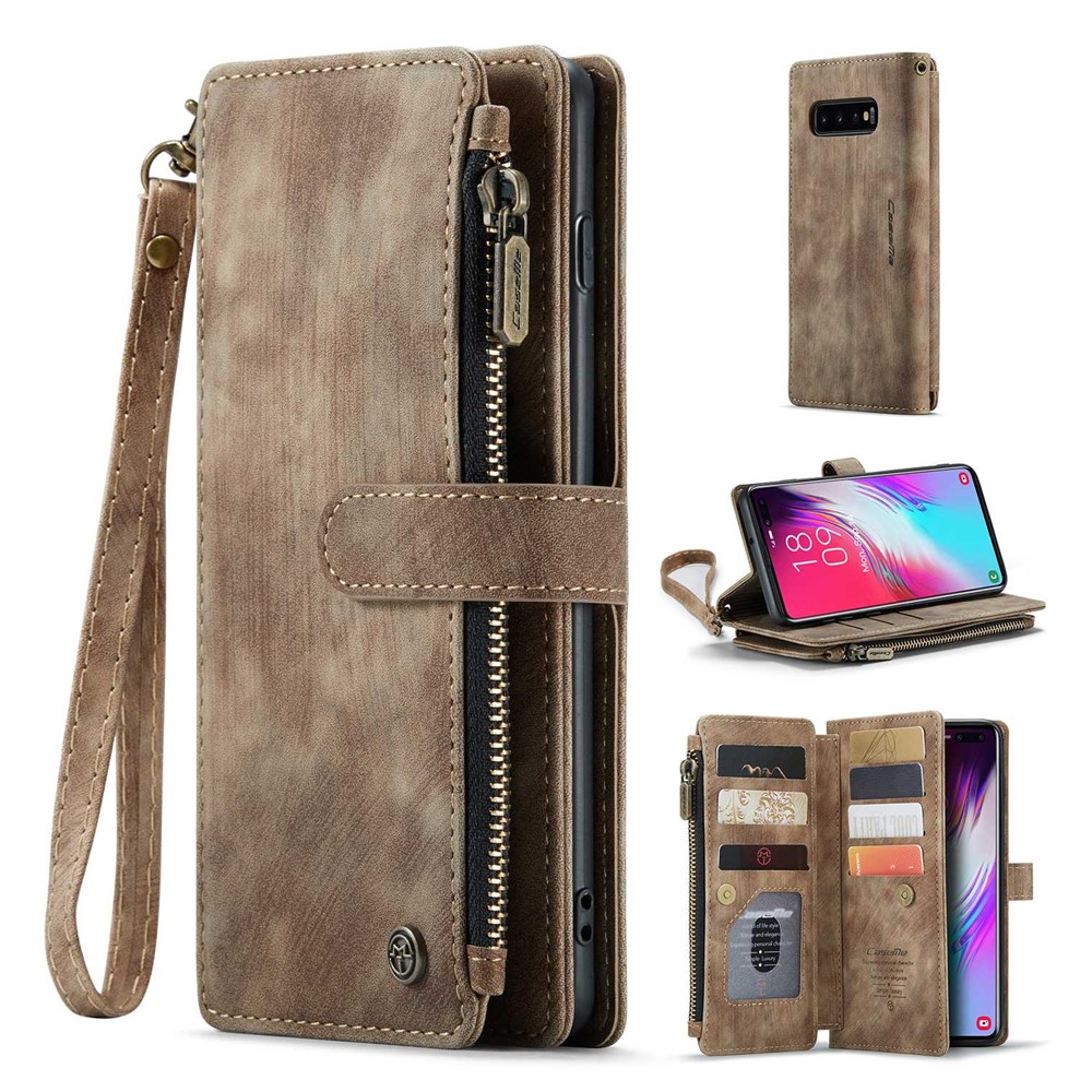 For Samsung Galaxy S10 Plus 4G Phone Cases with Strap CASEME C30 Zipper Multiple Card Holder PU Leather Cover - Brown