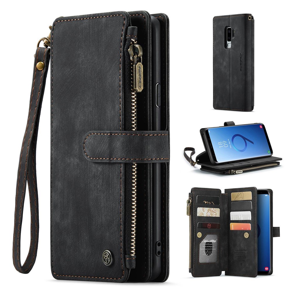 For Samsung Galaxy S9+ Phone Cases with Strap CASEME C30 Zipper Multiple Card Holder PU Leather Cover - Black