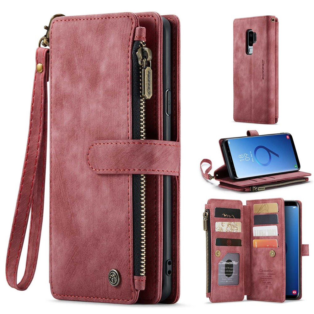 For Samsung Galaxy S9+ Phone Cases with Strap CASEME C30 Zipper Multiple Card Holder PU Leather Cover - Red