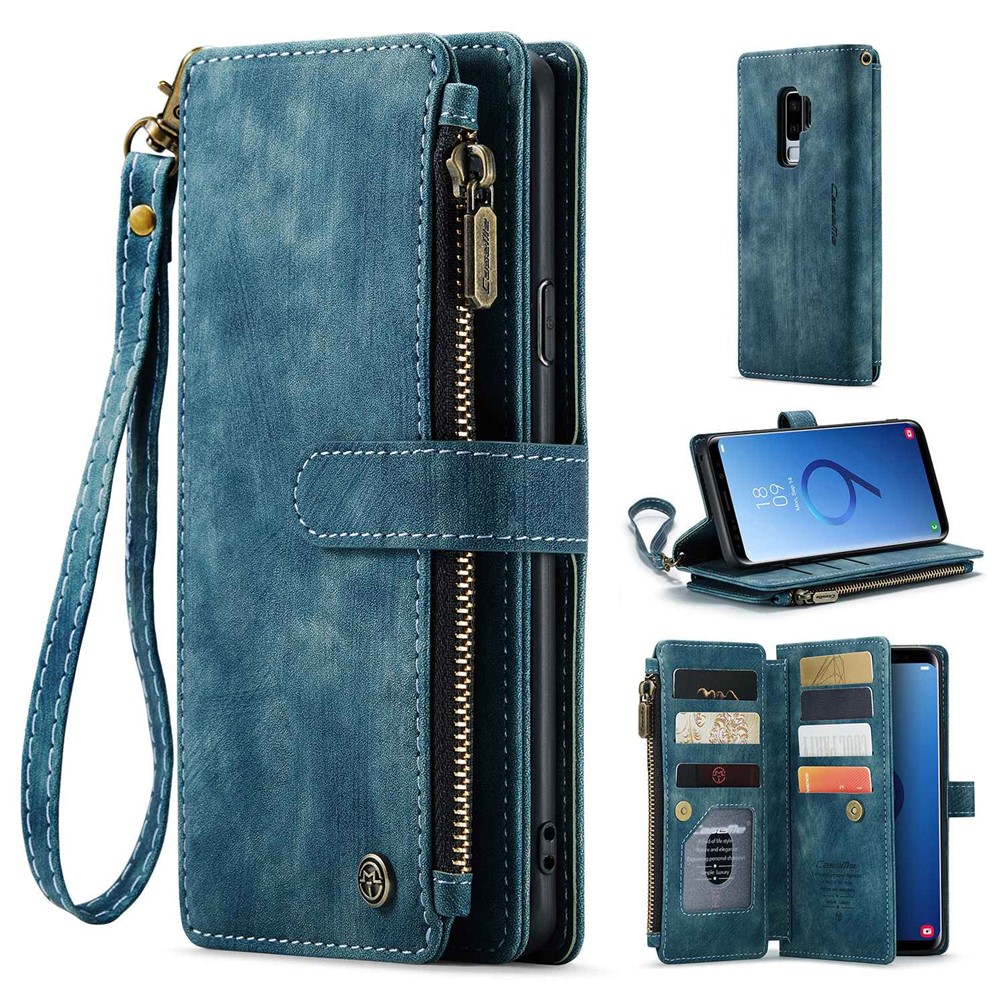 For Samsung Galaxy S9+ Phone Cases with Strap CASEME C30 Zipper Multiple Card Holder PU Leather Cover - Blue