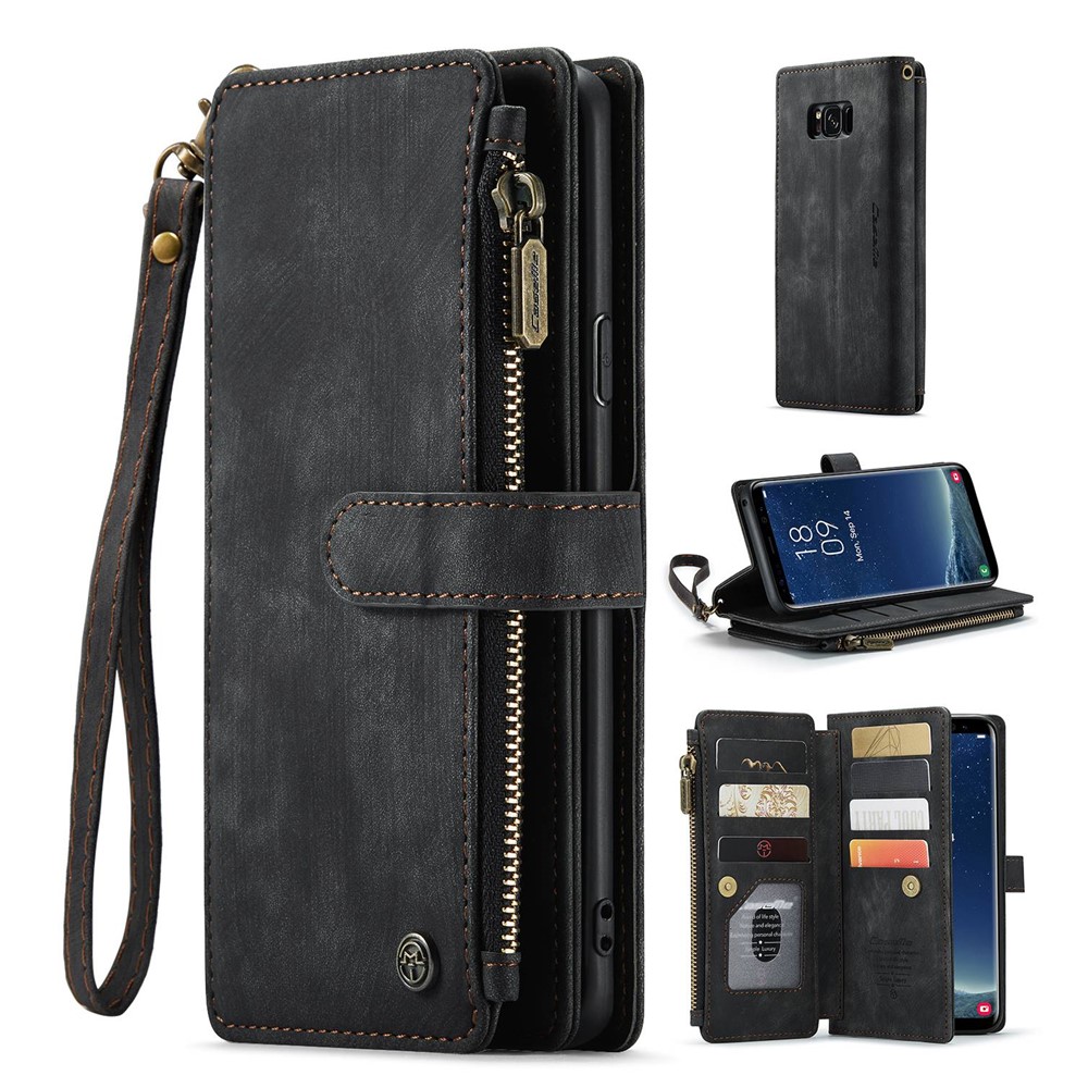 For Samsung Galaxy S8+ Phone Cases with Strap CASEME C30 Zipper Multiple Card Holder PU Leather Cover - Black