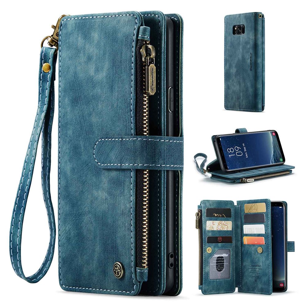 For Samsung Galaxy S8+ Phone Cases with Strap CASEME C30 Zipper Multiple Card Holder PU Leather Cover - Blue