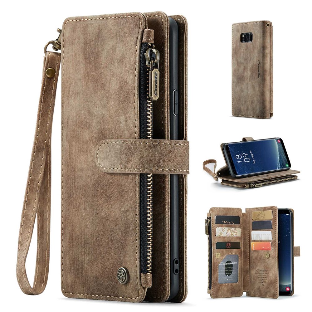 For Samsung Galaxy S8+ Phone Cases with Strap CASEME C30 Zipper Multiple Card Holder PU Leather Cover - Brown