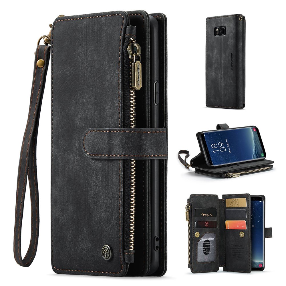 For Samsung Galaxy S8 Phone Cases with Strap CASEME C30 Zipper Multiple Card Holder PU Leather Cover - Black