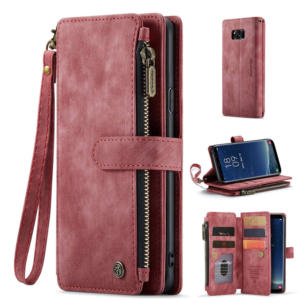 For Samsung Galaxy S8 Phone Cases with Strap CASEME C30 Zipper Multiple Card Holder PU Leather Cover - Red