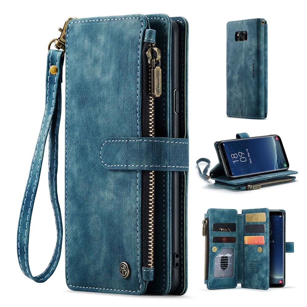 For Samsung Galaxy S8 Phone Cases with Strap CASEME C30 Zipper Multiple Card Holder PU Leather Cover - Blue