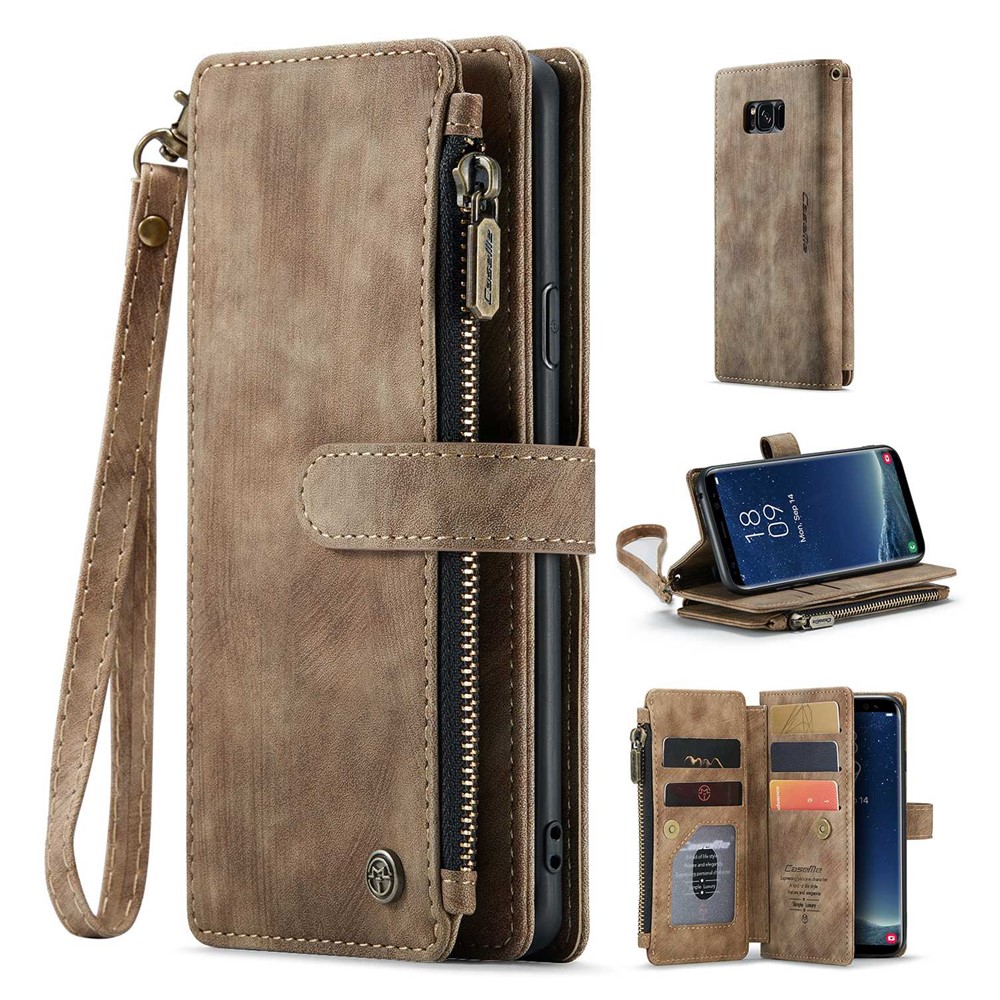 For Samsung Galaxy S8 Phone Cases with Strap CASEME C30 Zipper Multiple Card Holder PU Leather Cover - Brown