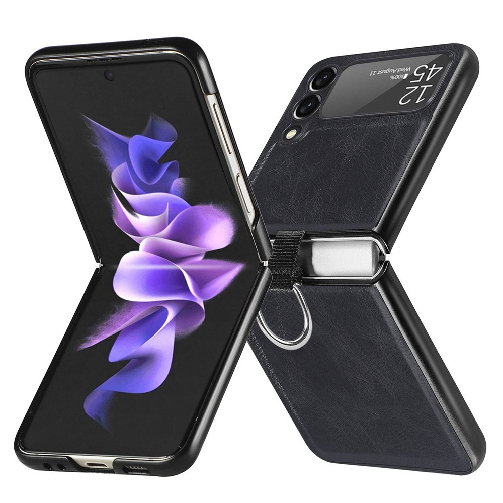 For Samsung Galaxy Z Flip3 5G Finger Ring Holder PU Leather Coated PC Case Anti-scratch Folding Phone Cover - Black-1