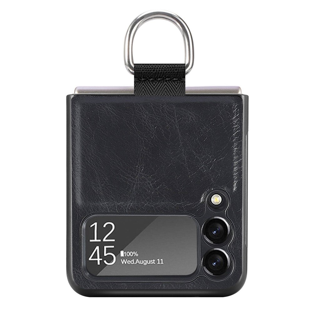For Samsung Galaxy Z Flip3 5G Finger Ring Holder PU Leather Coated PC Case Anti-scratch Folding Phone Cover - Black-2