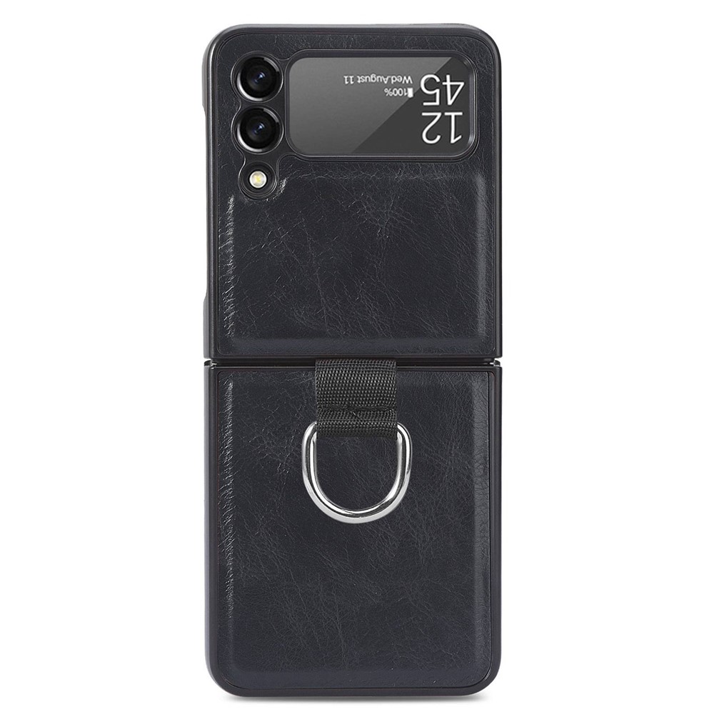 For Samsung Galaxy Z Flip3 5G Finger Ring Holder PU Leather Coated PC Case Anti-scratch Folding Phone Cover - Black-3