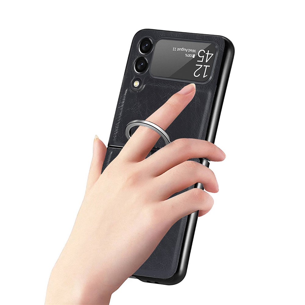 For Samsung Galaxy Z Flip3 5G Finger Ring Holder PU Leather Coated PC Case Anti-scratch Folding Phone Cover - Black-4