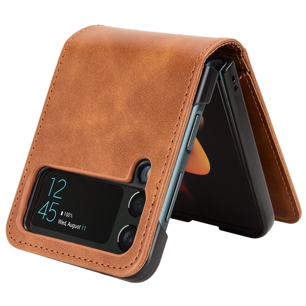 For Samsung Galaxy Z Flip3 5G PU Leather Cover Folding Phone Case Hard PC Cover with Card Holder - Brown-2