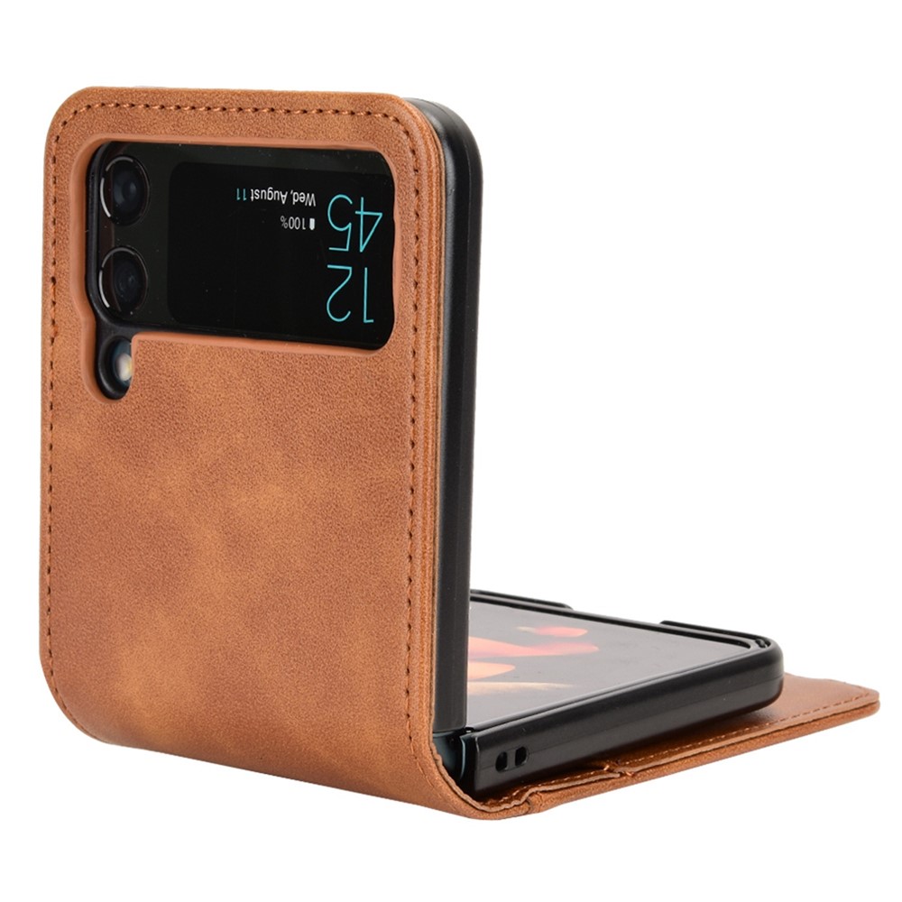 For Samsung Galaxy Z Flip3 5G PU Leather Cover Folding Phone Case Hard PC Cover with Card Holder - Brown-3