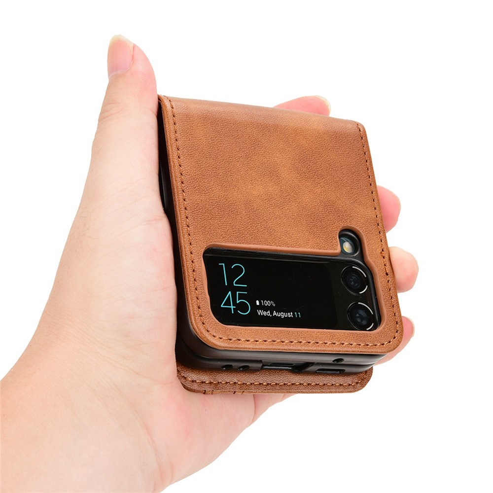 For Samsung Galaxy Z Flip3 5G PU Leather Cover Folding Phone Case Hard PC Cover with Card Holder - Brown-5