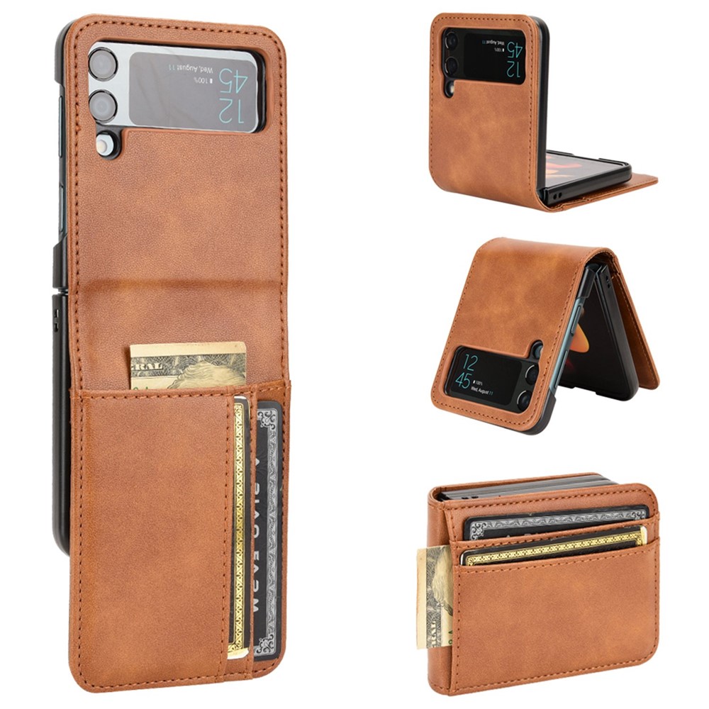 Card Slots Phone Case for Samsung Galaxy Z Flip4 5G, PU Leather Cover Inner PC Folding Shell - Brown-1