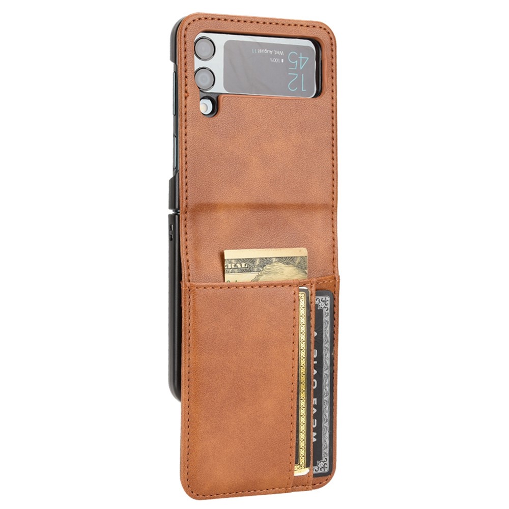 Card Slots Phone Case for Samsung Galaxy Z Flip4 5G, PU Leather Cover Inner PC Folding Shell - Brown-4