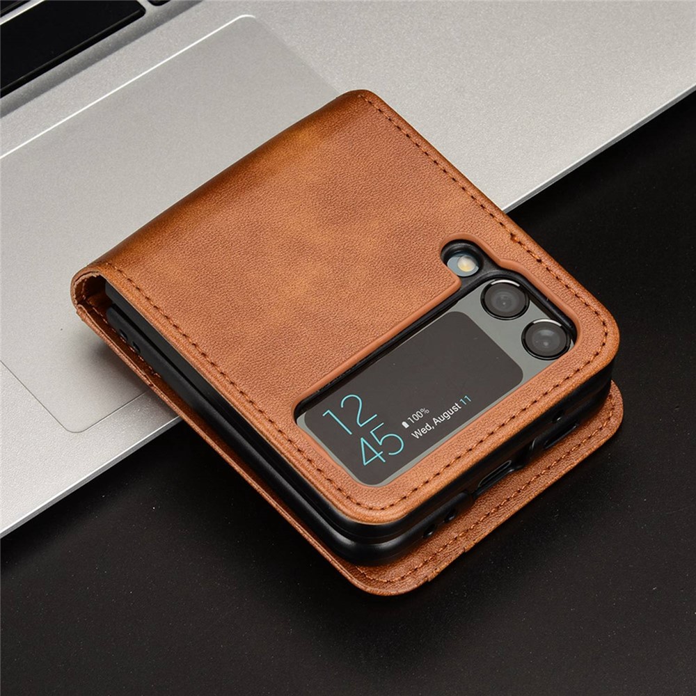 Card Slots Phone Case for Samsung Galaxy Z Flip4 5G, PU Leather Cover Inner PC Folding Shell - Brown-6