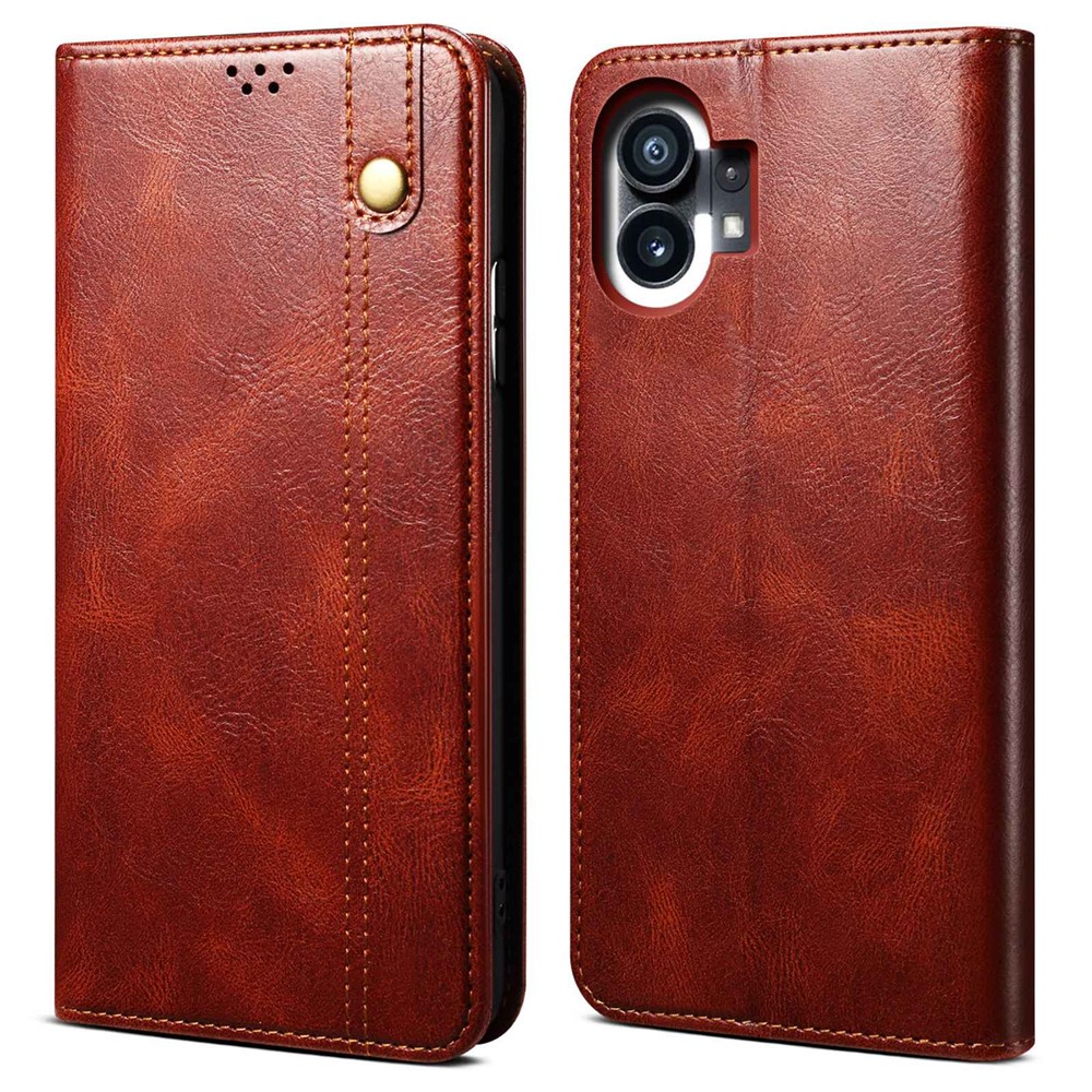 For Nothing phone (1) 5G Waxy Crazy Horse Texture PU Leather Flip Case Shockproof TPU Inner Shell Wallet Stand Protective Phone Cover - Brown-1