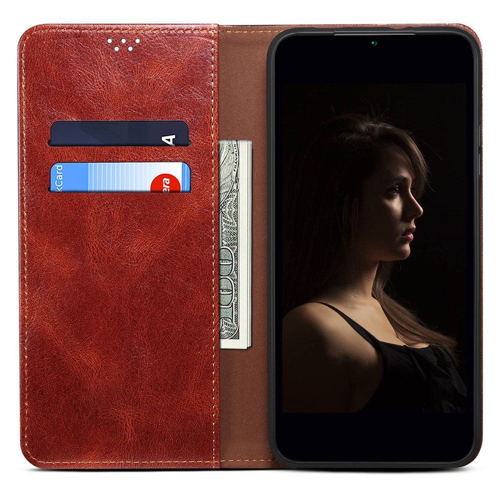 For Nothing phone (1) 5G Waxy Crazy Horse Texture PU Leather Flip Case Shockproof TPU Inner Shell Wallet Stand Protective Phone Cover - Brown-2