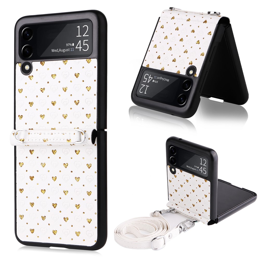 For Samsung Galaxy Z Flip3 5G PU Leather Coated PC Case Multiple Heart Shapes One-piece Phone Cover with Shoulder Strap - Gold-1