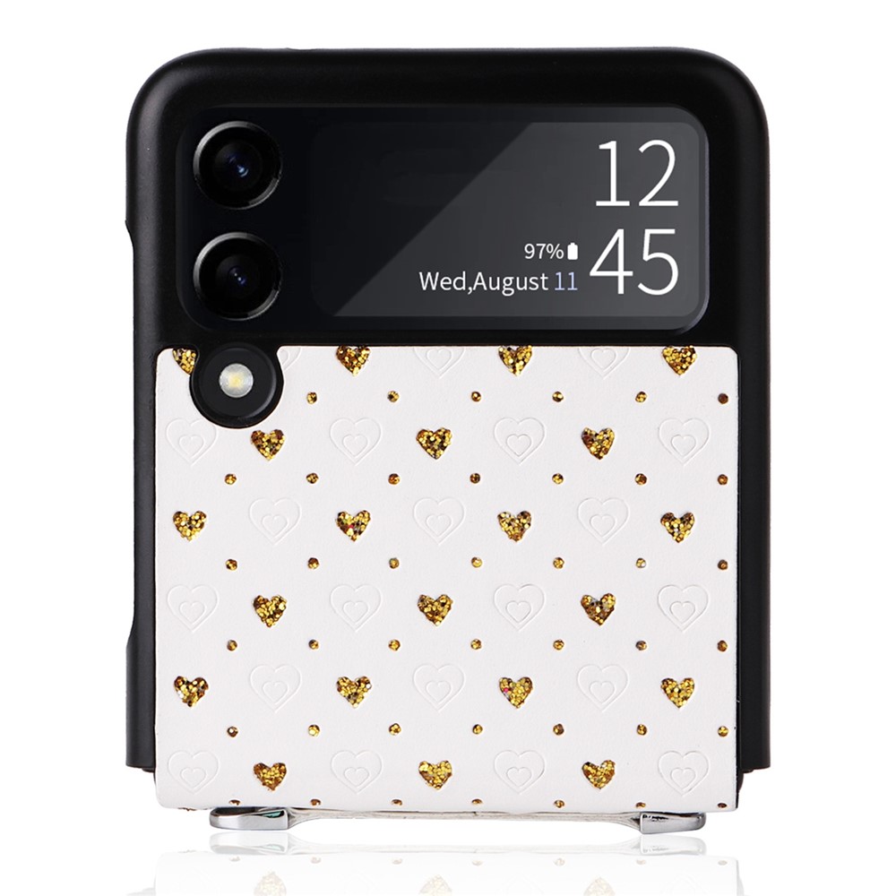 For Samsung Galaxy Z Flip3 5G PU Leather Coated PC Case Multiple Heart Shapes One-piece Phone Cover with Shoulder Strap - Gold-2