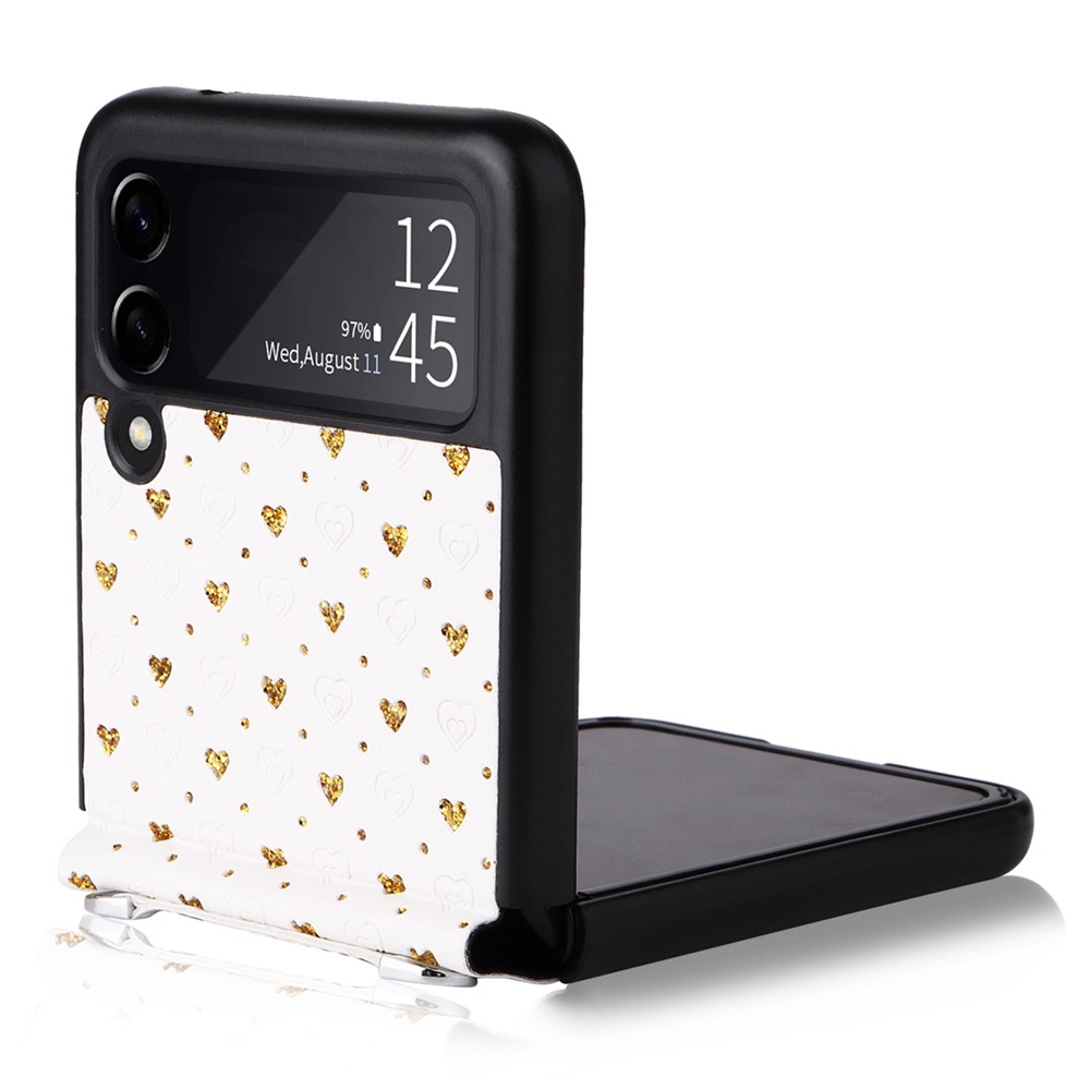 For Samsung Galaxy Z Flip3 5G PU Leather Coated PC Case Multiple Heart Shapes One-piece Phone Cover with Shoulder Strap - Gold-3