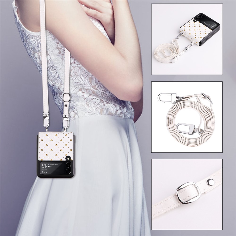 For Samsung Galaxy Z Flip3 5G PU Leather Coated PC Case Multiple Heart Shapes One-piece Phone Cover with Shoulder Strap - Gold-4
