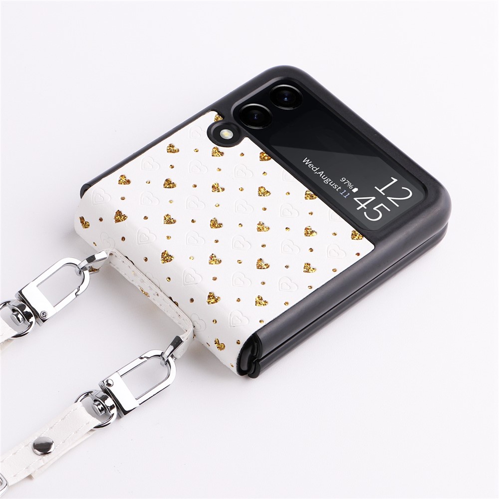For Samsung Galaxy Z Flip3 5G PU Leather Coated PC Case Multiple Heart Shapes One-piece Phone Cover with Shoulder Strap - Gold-5