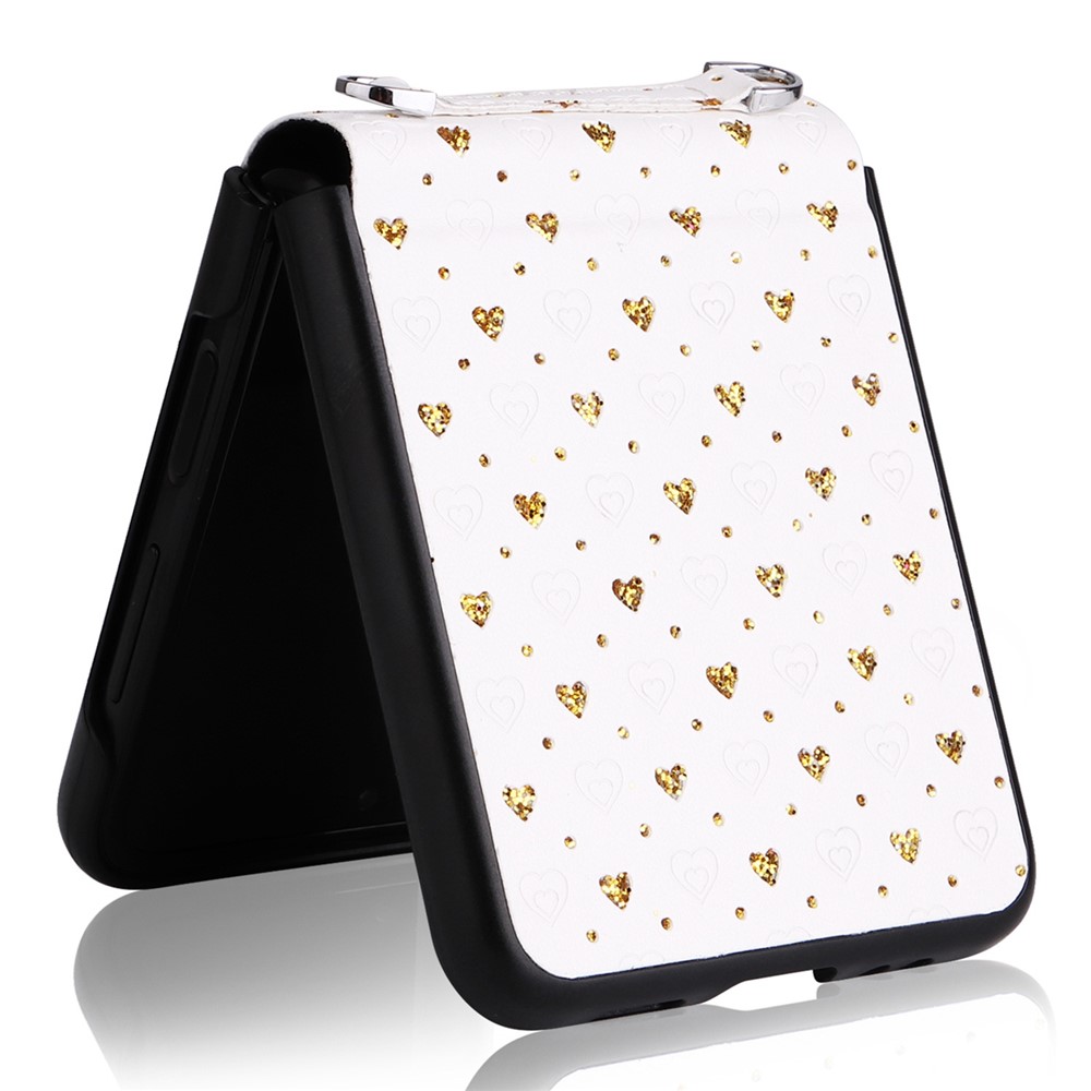 For Samsung Galaxy Z Flip3 5G PU Leather Coated PC Case Multiple Heart Shapes One-piece Phone Cover with Shoulder Strap - Gold-7