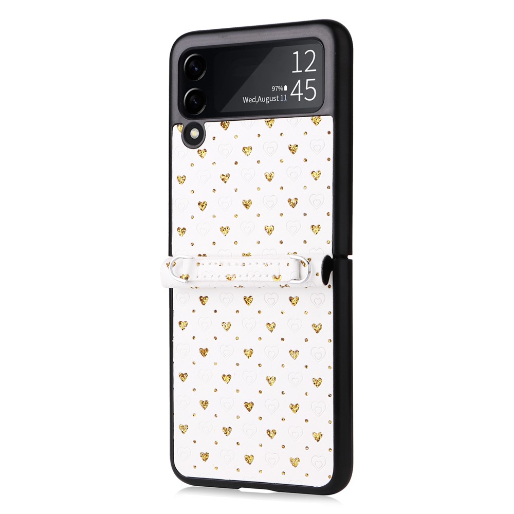 For Samsung Galaxy Z Flip3 5G PU Leather Coated PC Case Multiple Heart Shapes One-piece Phone Cover with Shoulder Strap - Gold-8