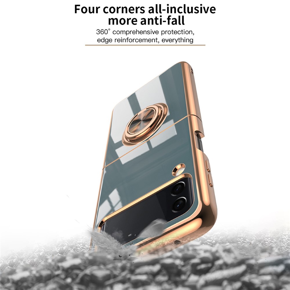 For Samsung Galaxy Z Flip4 5G Ring Kickstand PC Case Electroplating Folding Phone Cover with Car Mount Metal Sheet - Midnight Green-10